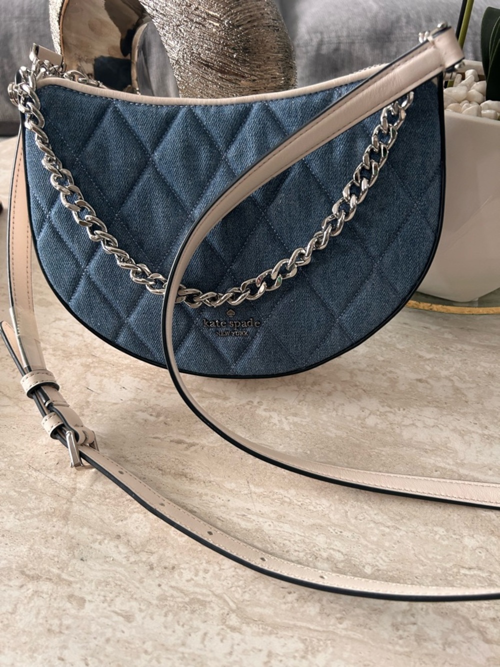 kate spade Quilted Denim Crescent Crossbody in Blue and Cream